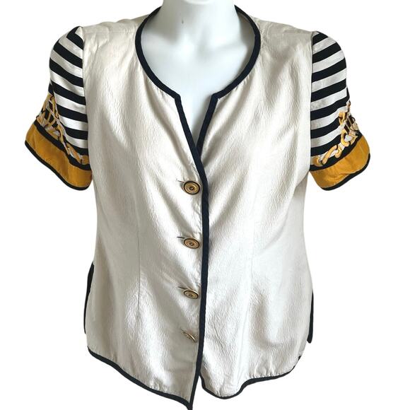 Vintage Saks Fifth Avenue Silk‎ Top Sz 16 Nautical Stripe Puff Sleeve Gold Trim - Picture 1 of 6
